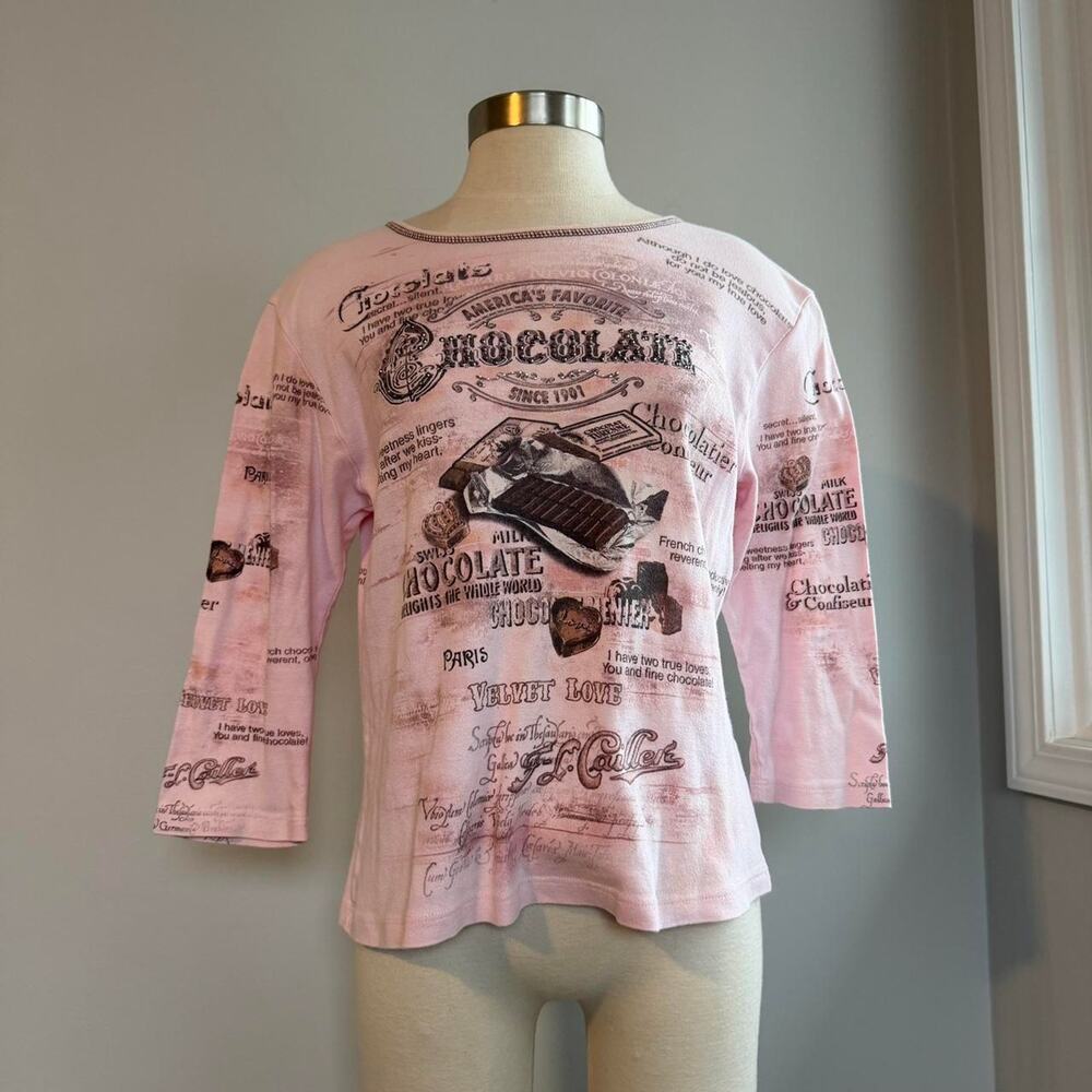 Pink chocolate print 3/4 sleeve top with rhinestone accents